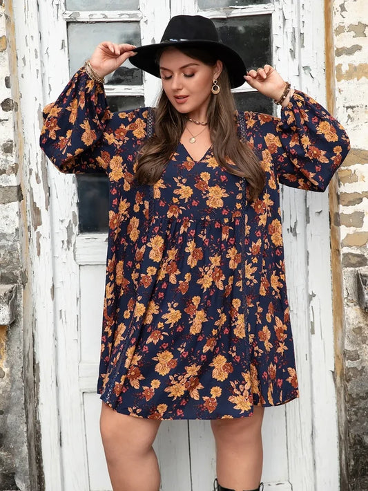 Plus Size Floral V-Neck Balloon Sleeve Dress Dark Blue - Dresses
