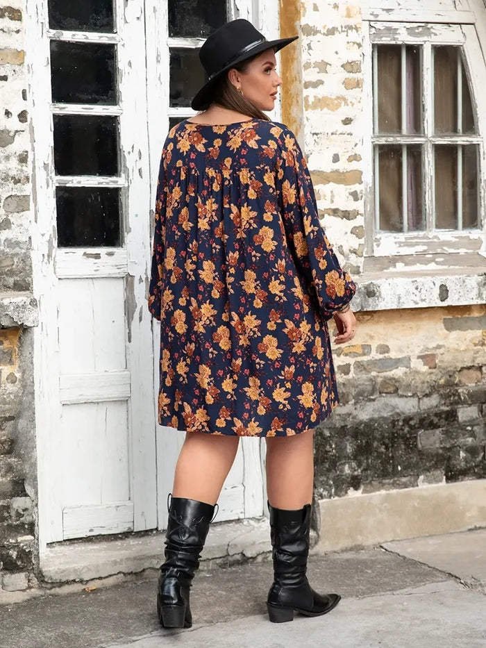 Plus Size Floral V-Neck Balloon Sleeve Dress - Dresses