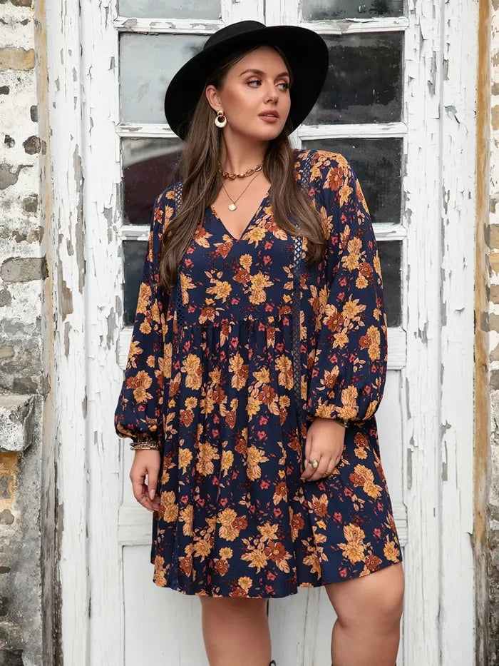 Plus Size Floral V-Neck Balloon Sleeve Dress - Dresses