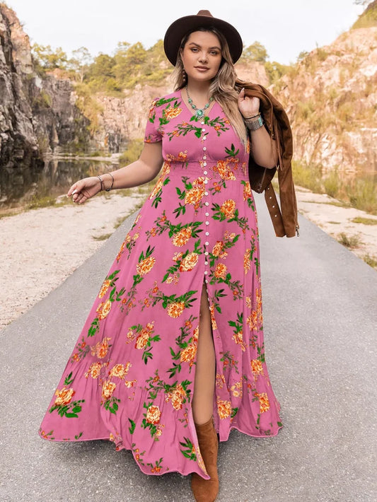 Plus Size Floral V-Neck Short Sleeve Maxi Dress Fuchsia Pink - Dresses