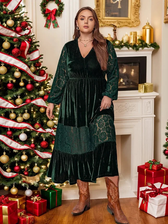 Plus Size Lace Patchwork V-Neck Balloon Sleeve Midi Dress Dark Green - Dresses