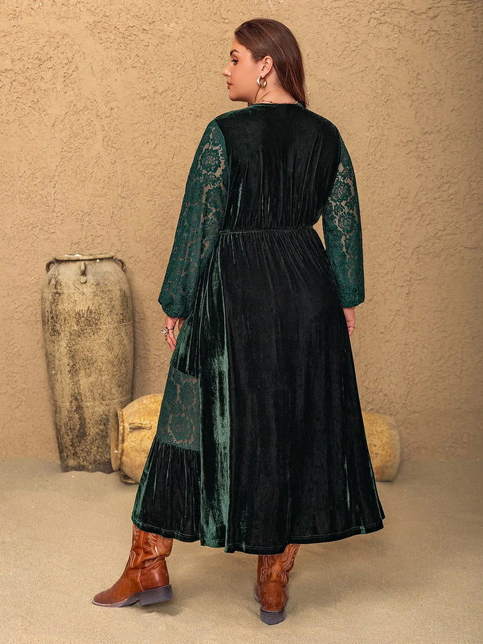 Plus Size Lace Patchwork V-Neck Balloon Sleeve Midi Dress - Dresses