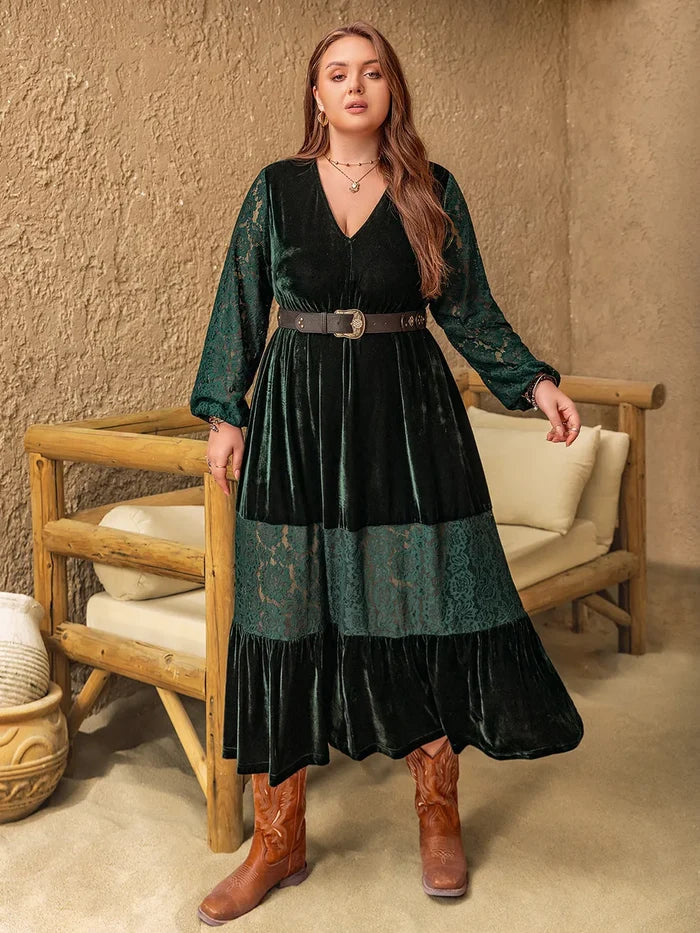 Plus Size Lace Patchwork V-Neck Balloon Sleeve Midi Dress - Dresses
