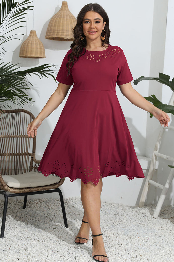 Plus Size Round Neck Openwork Dress Deep Red - Dresse