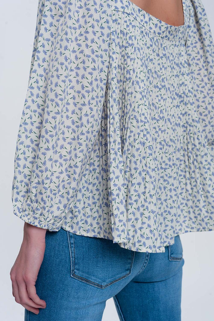 puff sleeve top with square neck in blue floral print