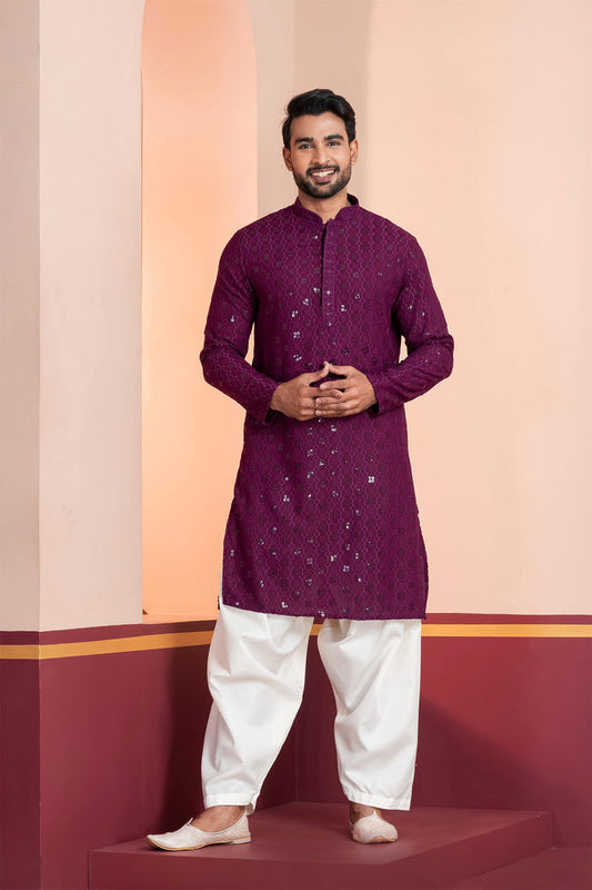 Purple Cotton Silk Embroidered Patiala Set