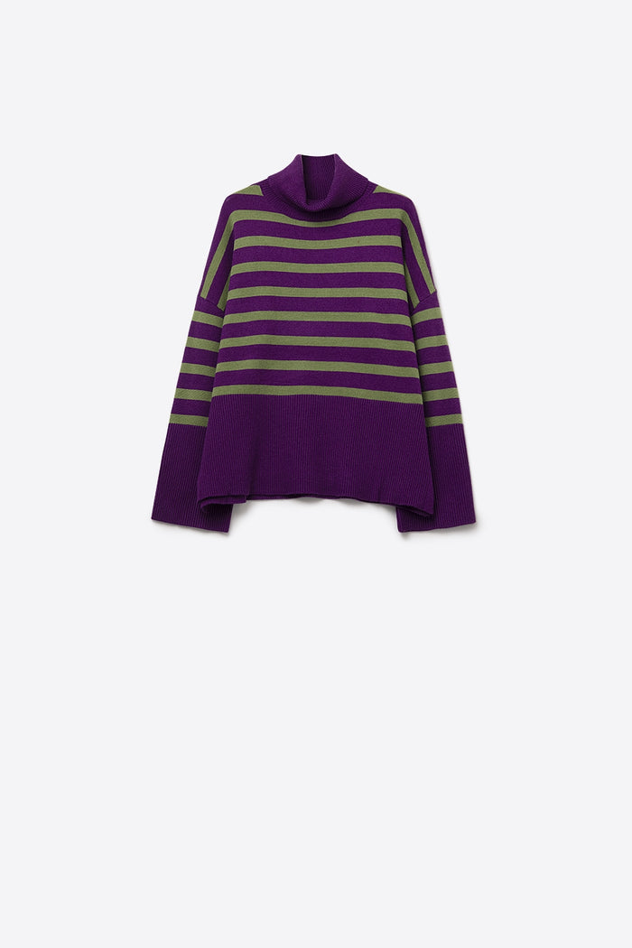 Purple oversized turtleneck sweater with green stripes and splits on the side