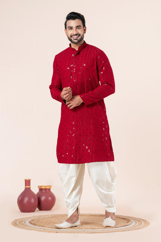 Red Cotton Silk Embroidered Dhoti Set