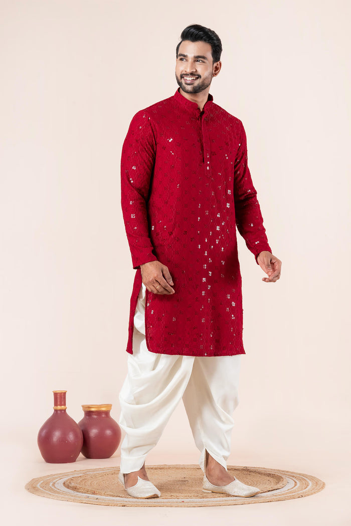 Red Cotton Silk Embroidered Dhoti Set