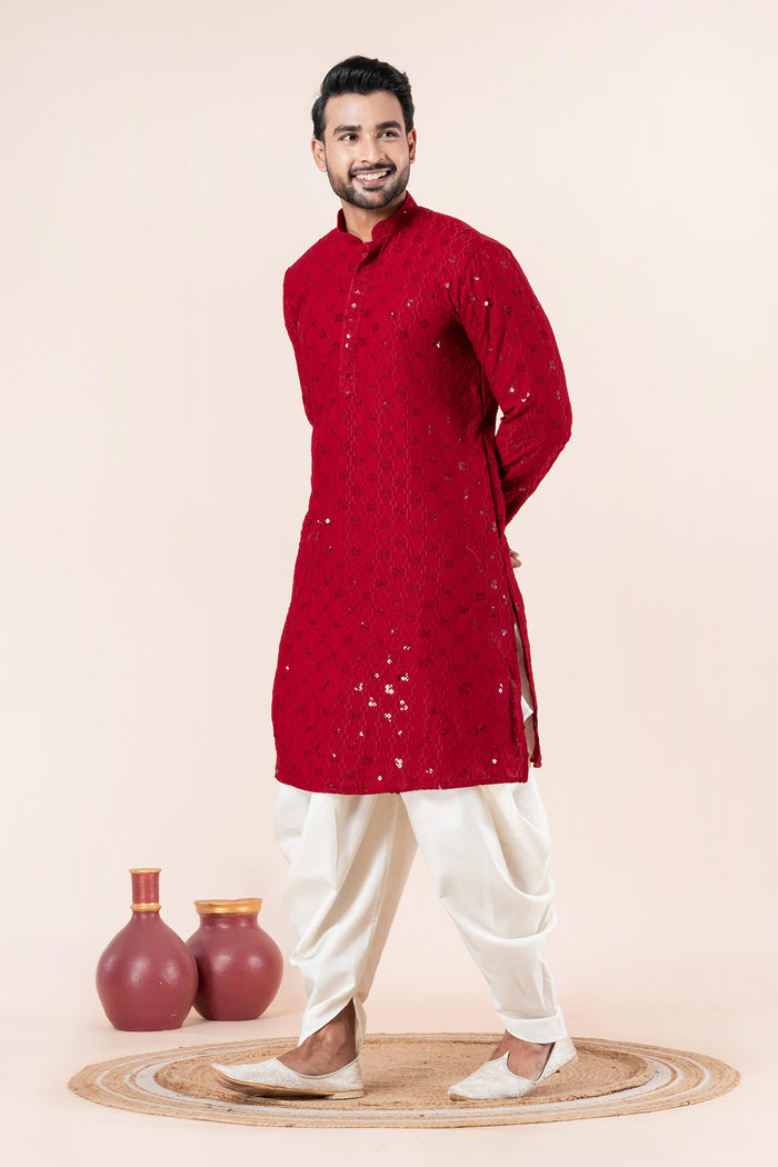 Red Cotton Silk Embroidered Dhoti Set