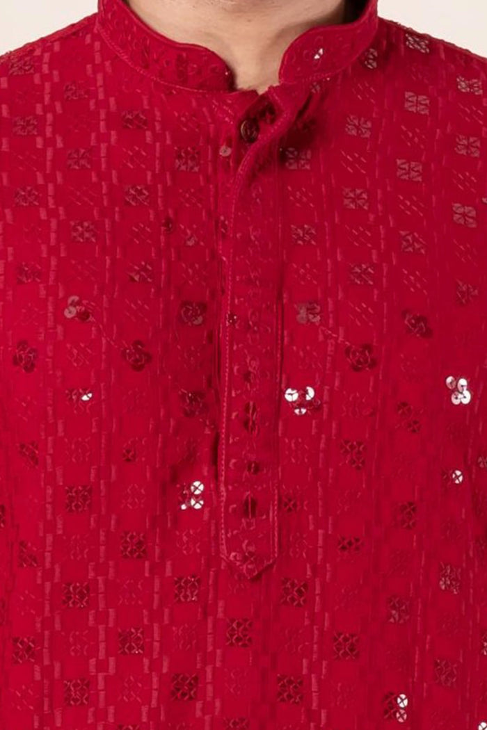 Red Cotton Silk Embroidered Dhoti Set