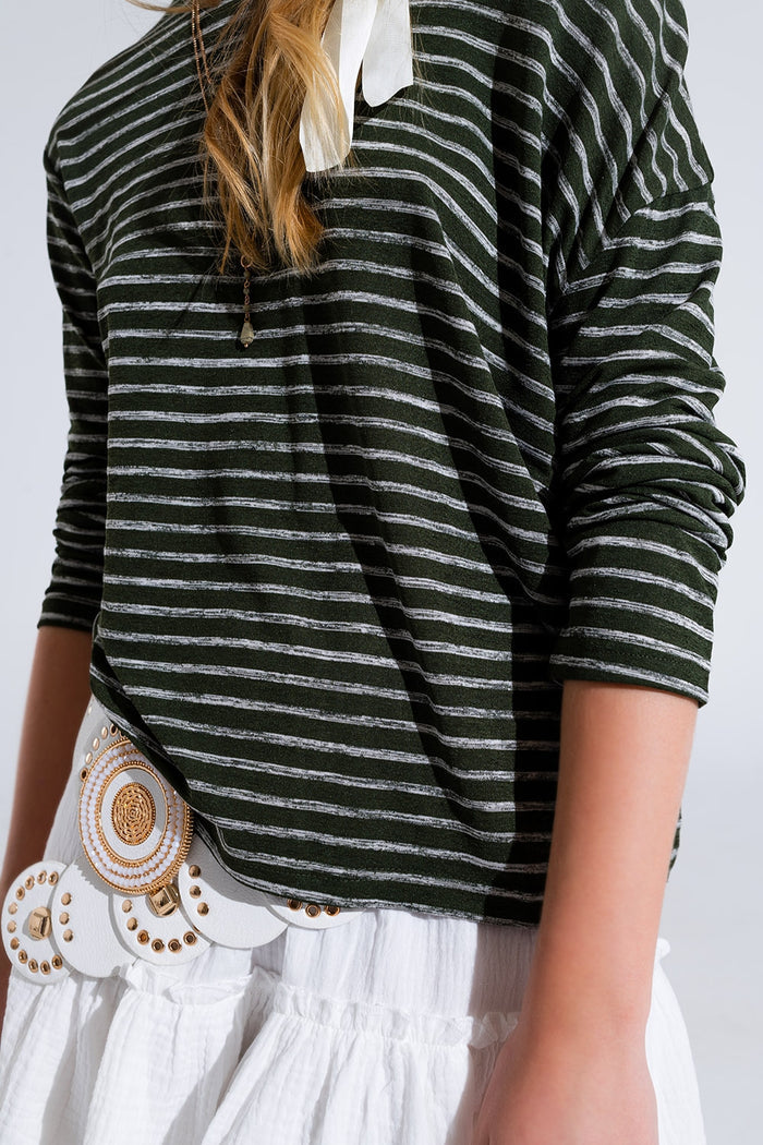 Relaxed striped T-shirt in khaki with open back detail - top