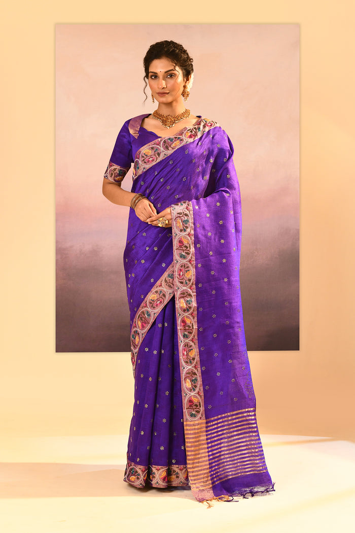 Rich Violet Dupion Silk Foil Printed Saree