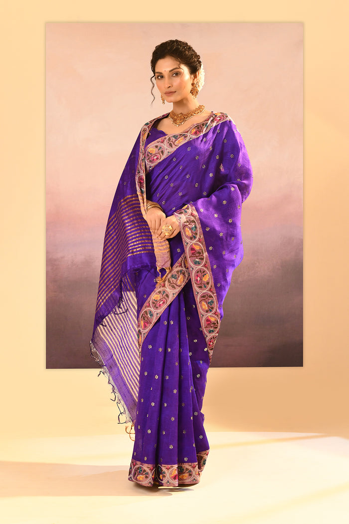 Rich Violet Dupion Silk Foil Printed Saree