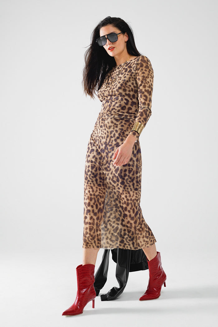 sheer long sleeve leopard print bodycon midi dress - dress