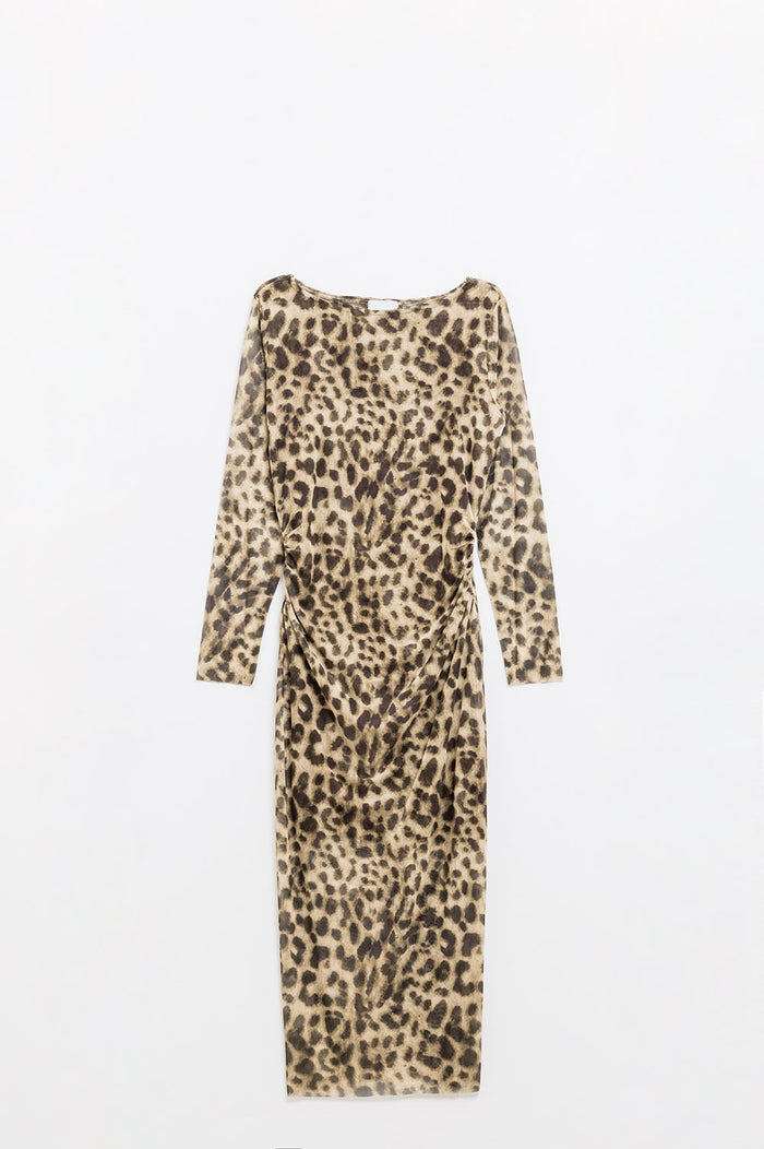 sheer long sleeve leopard print bodycon midi dress - dress