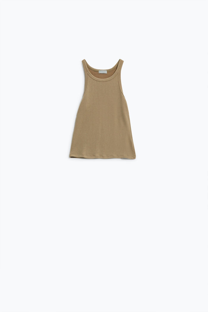 Sleeveless beige Top With Ribbed Details - top