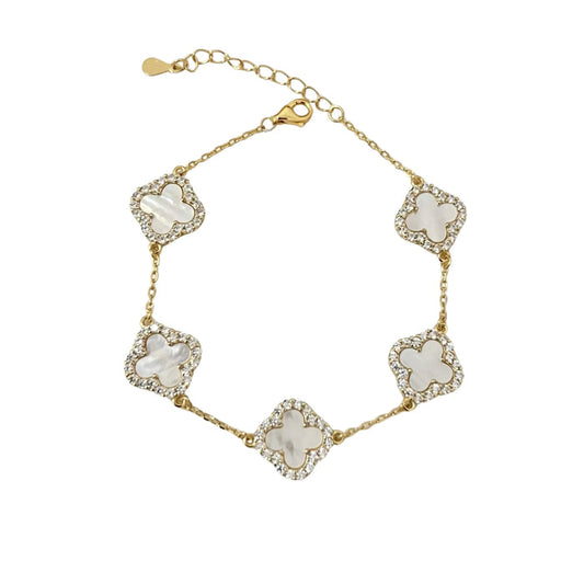 Sterling Silver Diamond Mother Of Pearl Clover Bracelet - camillaboutiqueshop