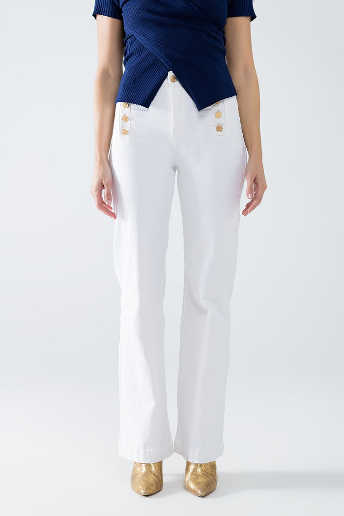 Straight Jeans With Gold Buttons At the Side in White - trousers