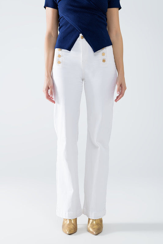 Straight Jeans With Gold Buttons At the Side in White - trousers