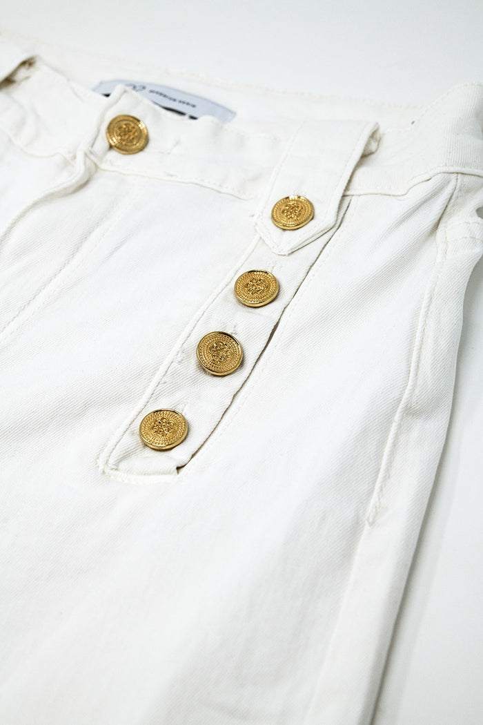Straight Jeans With Gold Buttons At the Side in White - trousers