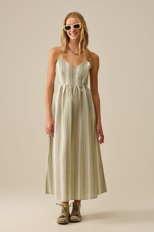 Striped V-Neck Strappy Dress in Green - dress