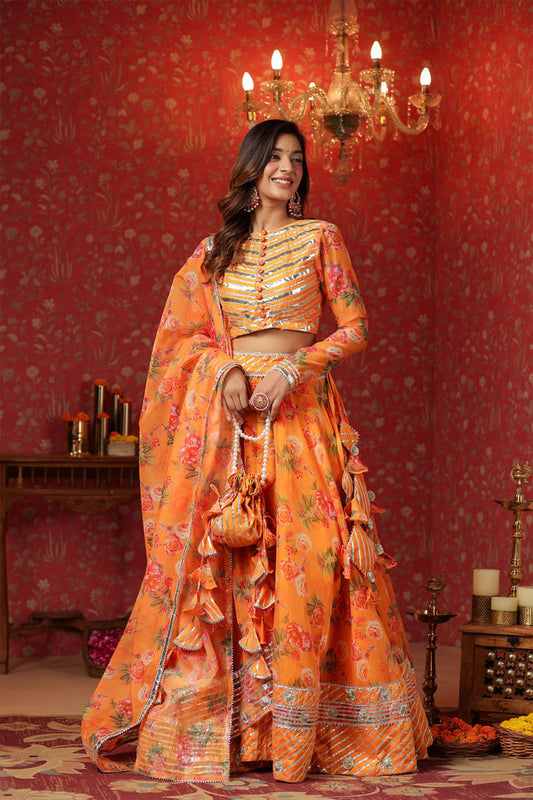 <img> Sunshade Orange Organza Floral Printed Lehenga Set