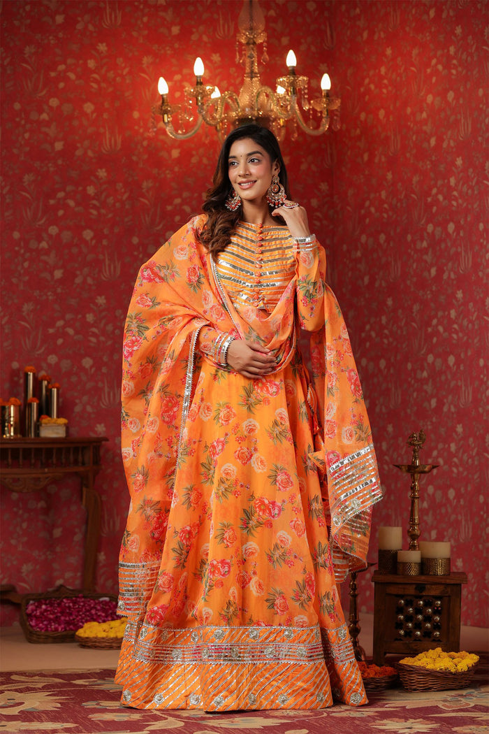 <img> Sunshade Orange Organza Floral Printed Lehenga Set