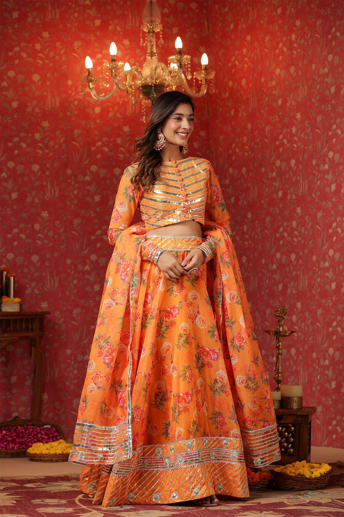 <img> Sunshade Orange Organza Floral Printed Lehenga Set