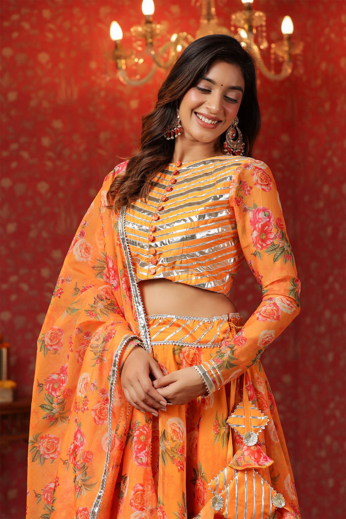 <img> Sunshade Orange Organza Floral Printed Lehenga Set