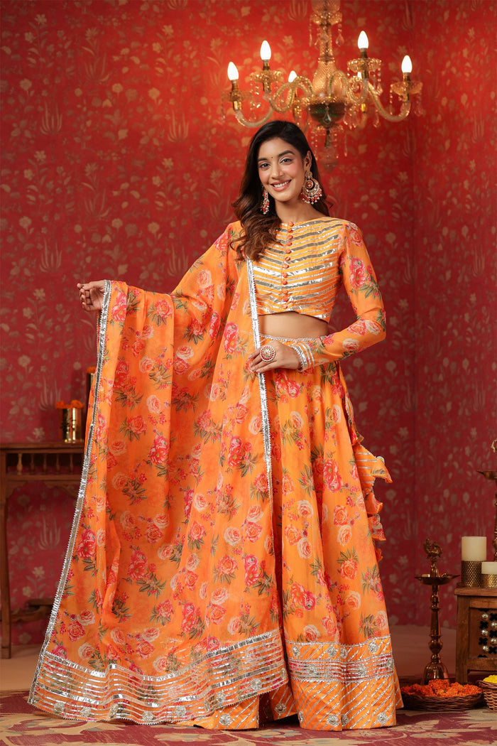 <img> Sunshade Orange Organza Floral Printed Lehenga Set