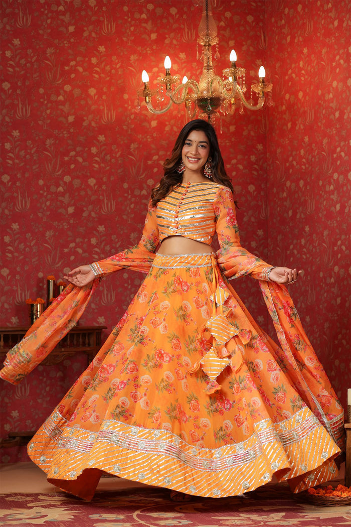 <img> Sunshade Orange Organza Floral Printed Lehenga Set