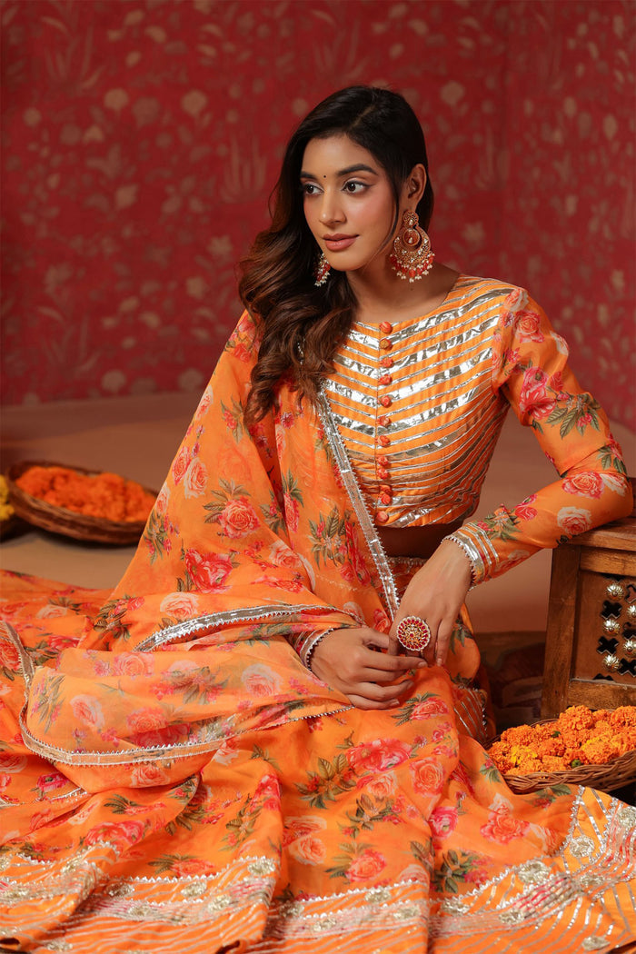 <img> Sunshade Orange Organza Floral Printed Lehenga Set