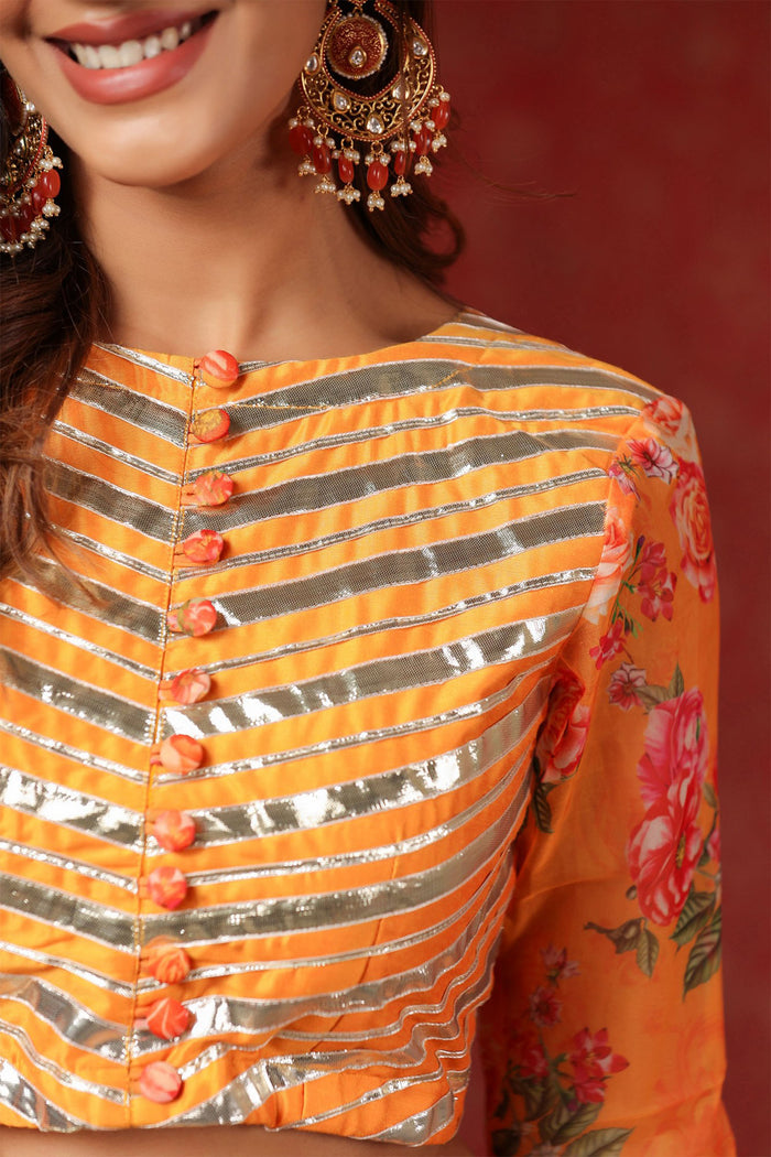 <img> Sunshade Orange Organza Floral Printed Lehenga Set