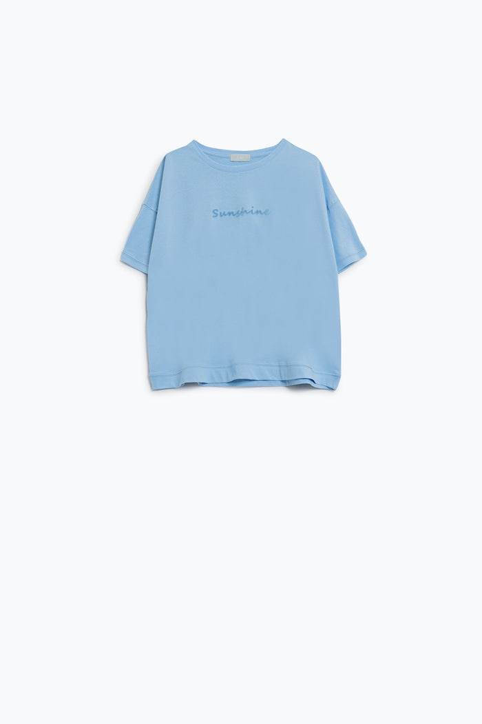 Sunshine oversized T-shirt with textured text at the front in blue - top
