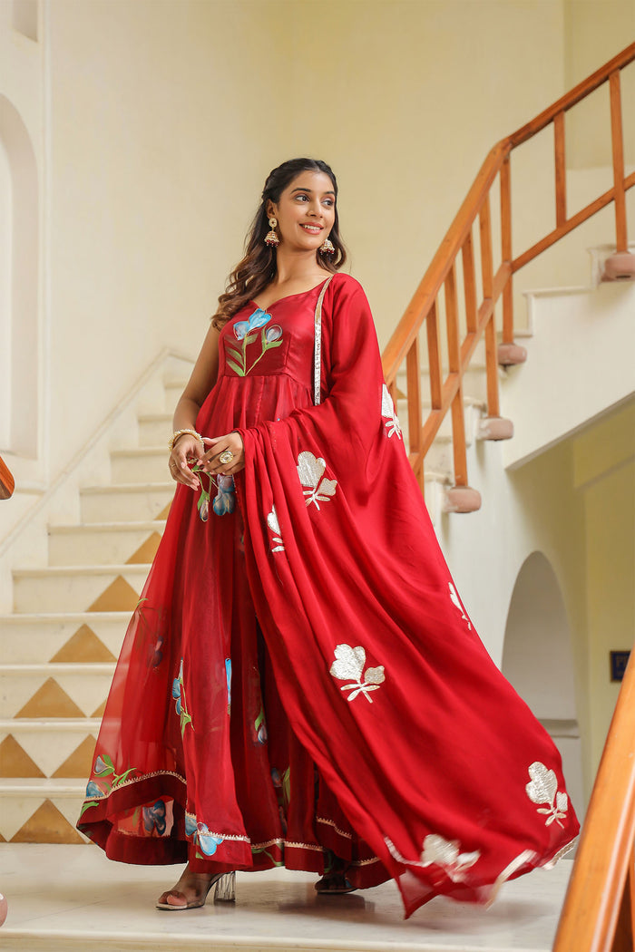 <img> Valentia Red Organza Floral Printed Anarkali Set