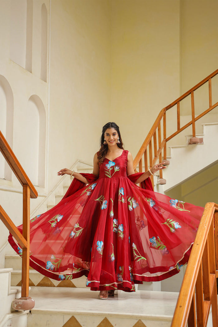 <img> Valentia Red Organza Floral Printed Anarkali Set