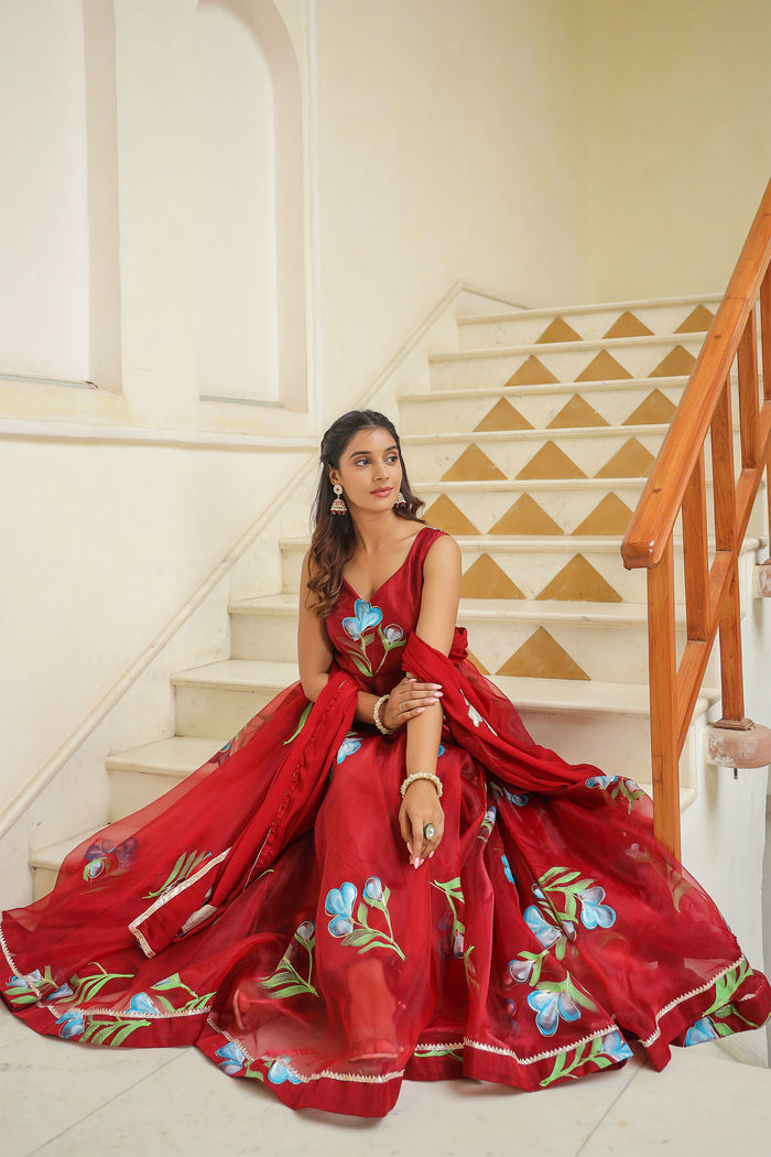 <img> Valentia Red Organza Floral Printed Anarkali Set