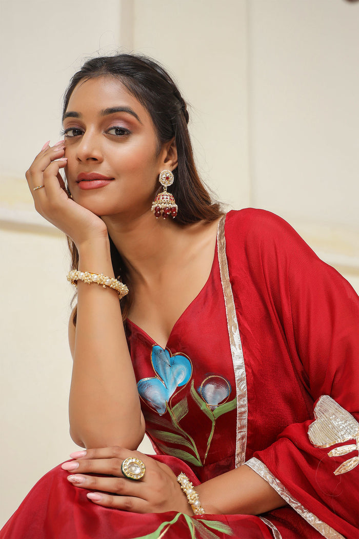 <img> Valentia Red Organza Floral Printed Anarkali Set