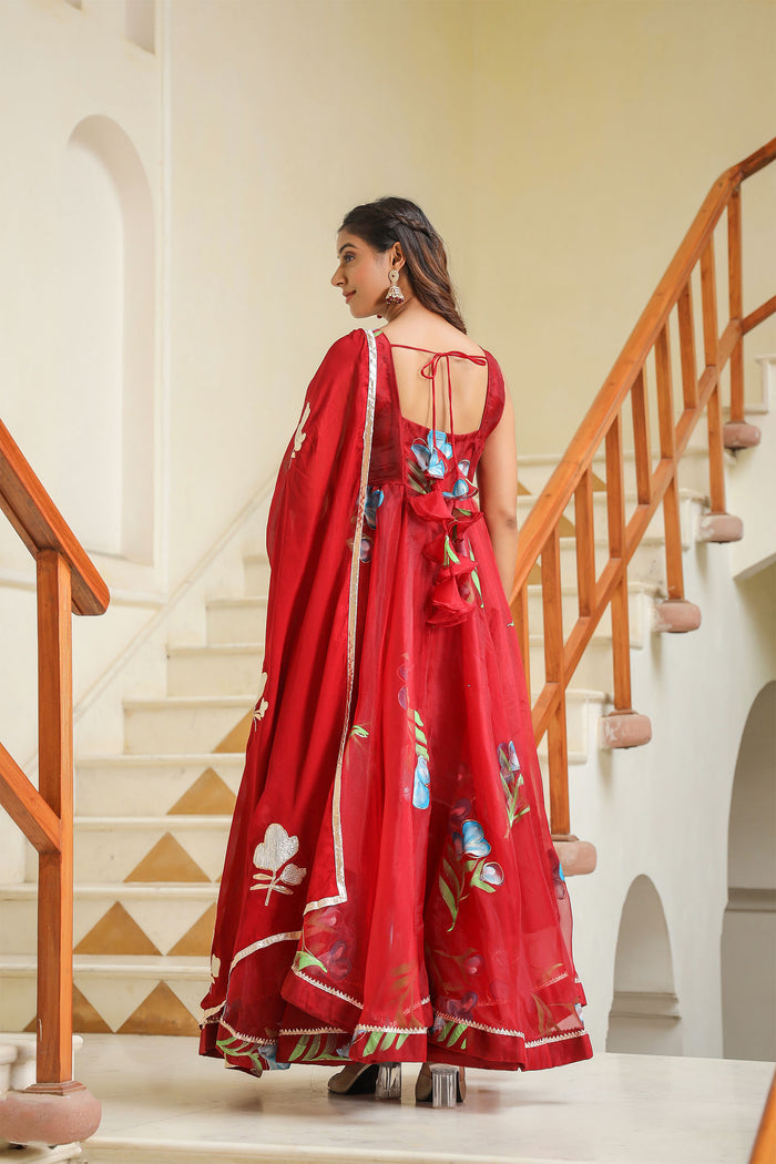 <img> Valentia Red Organza Floral Printed Anarkali Set