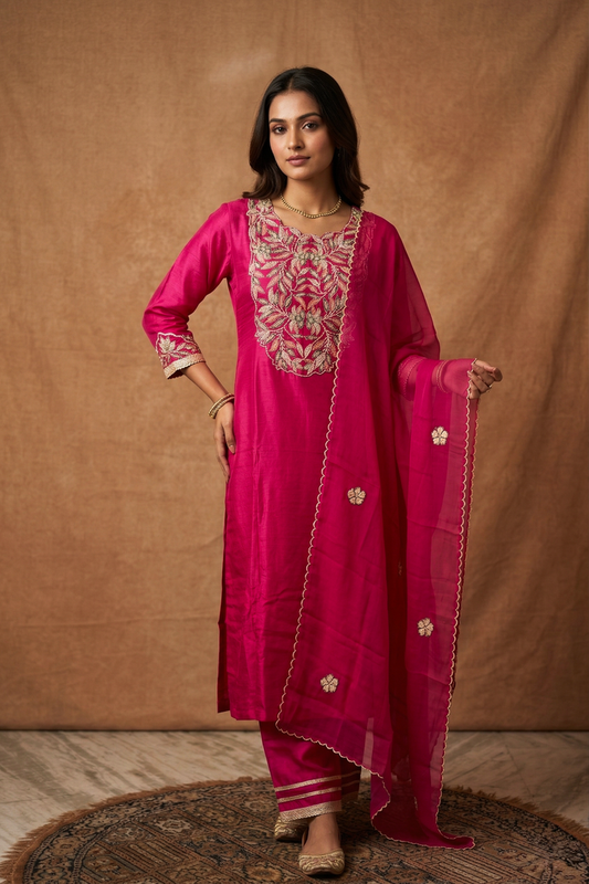 Warm Pink Silk Embroidered Kurta Set