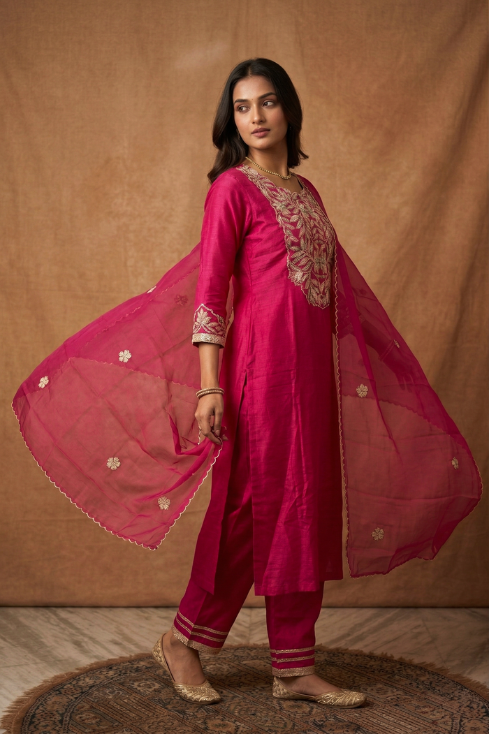 Warm Pink Silk Embroidered Kurta Set