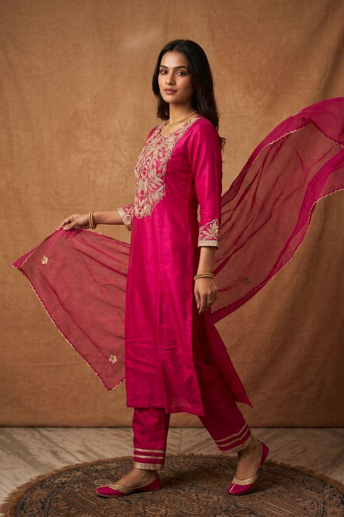 Warm Pink Silk Embroidered Kurta Set