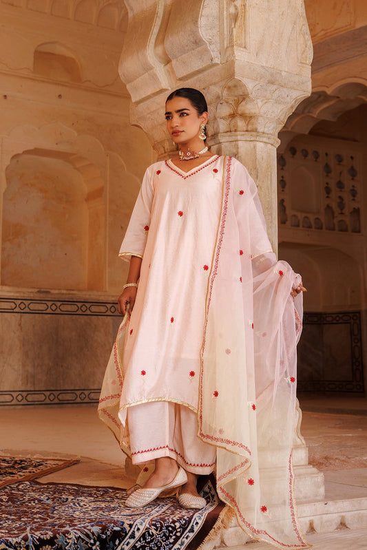 White Chanderi Salwar Set With Red Floral Motifs