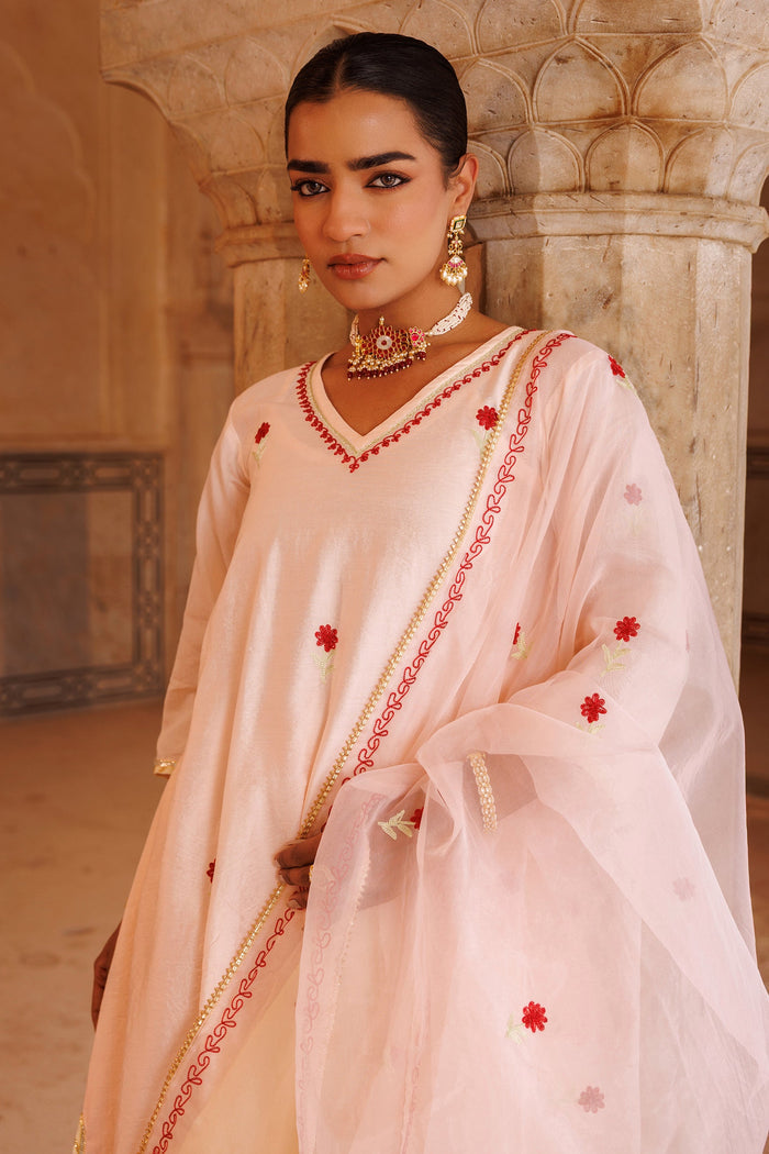 White Chanderi Salwar Set With Red Floral Motifs