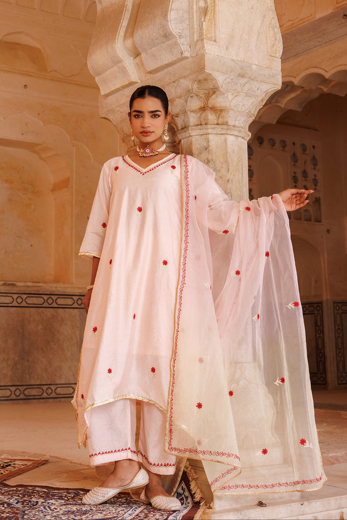 White Chanderi Salwar Set With Red Floral Motifs