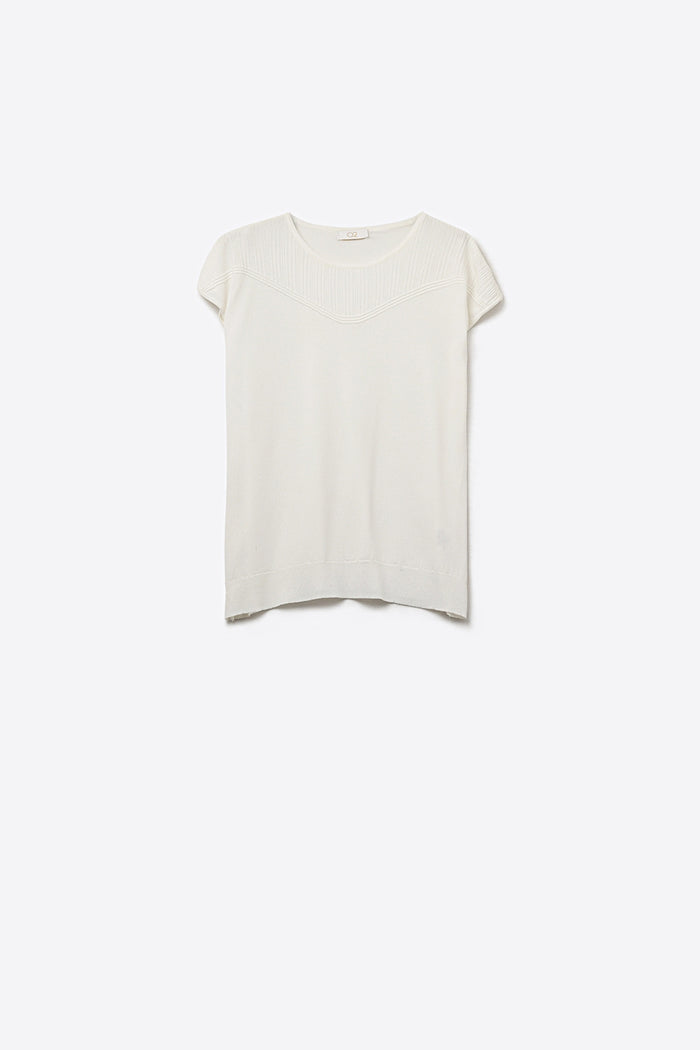 white Knit Short Sleeve sweater with Textured Detail