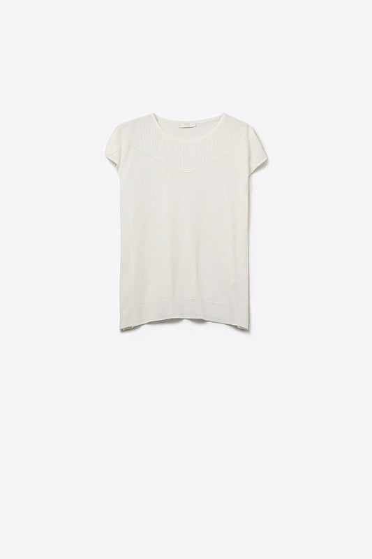 white Knit Short Sleeve sweater with Textured Detail