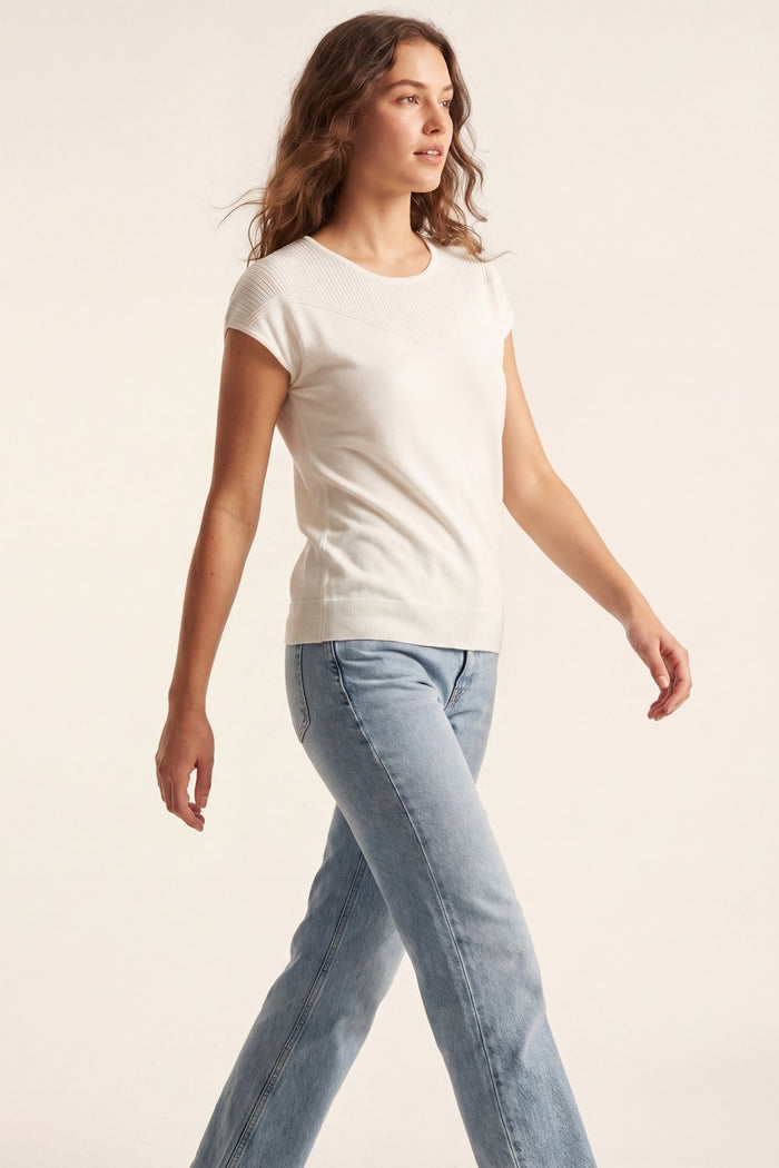 white Knit Short Sleeve sweater with Textured Detail