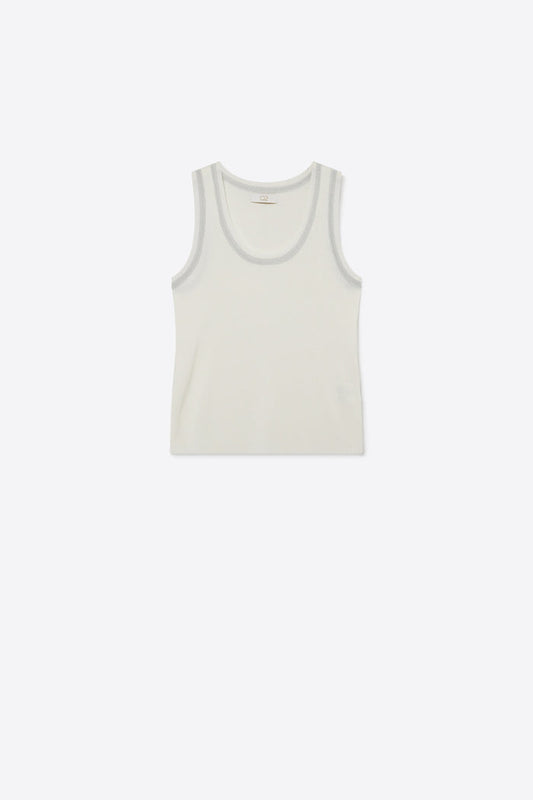White Ribbed Knit Top with with Metallic Trim
